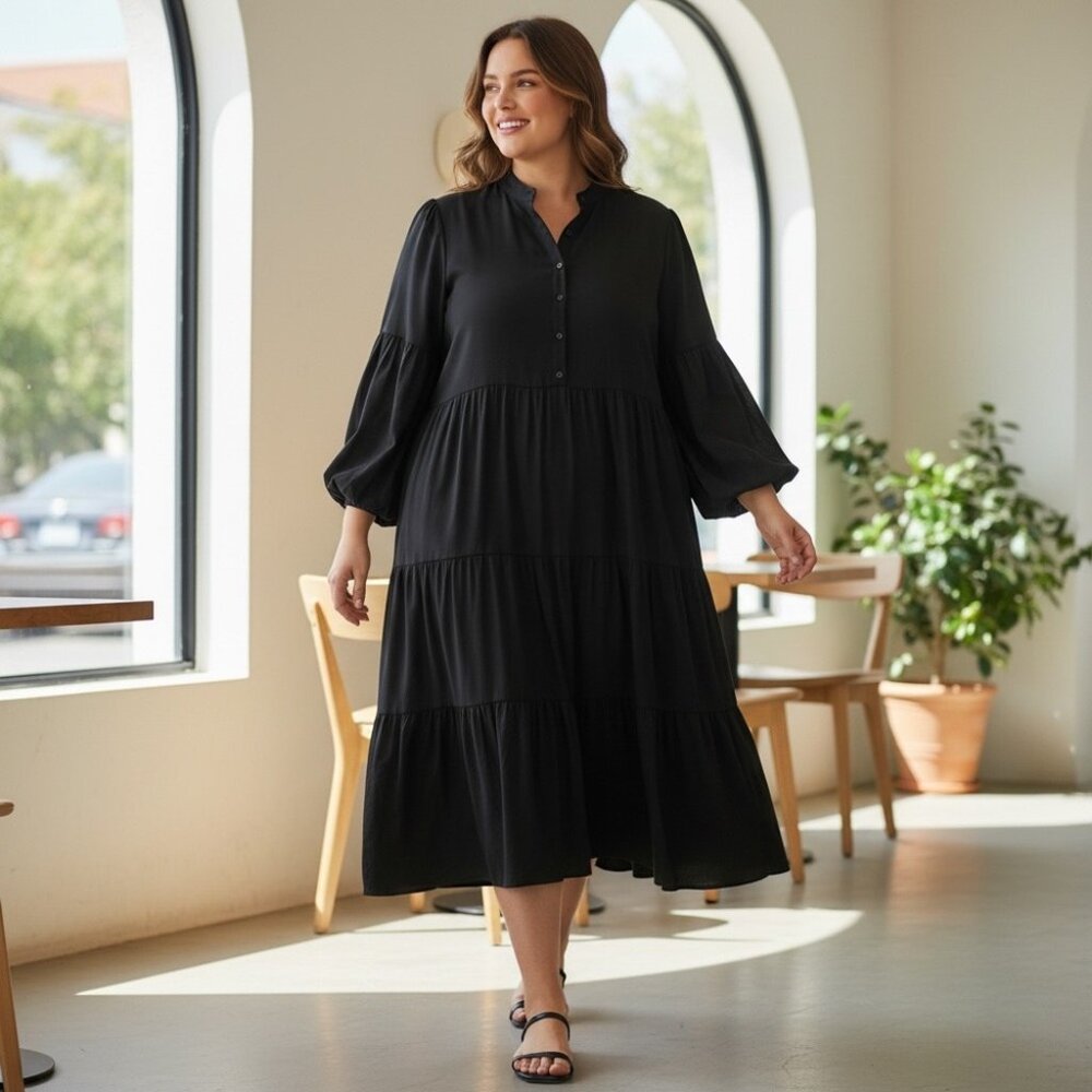 Elizabeth and James Dress Womens 4X Black 1/2 Button Balloon Sleeve Shift
